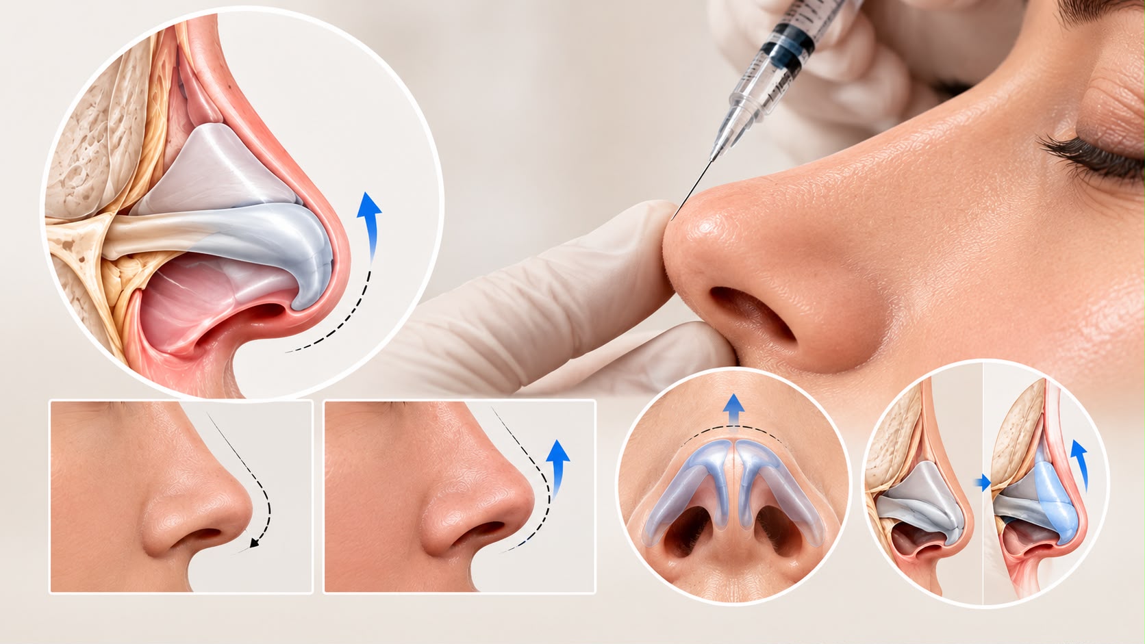 Side-profile view of a woman receiving a nasal filler treatment from a gloved medical professional