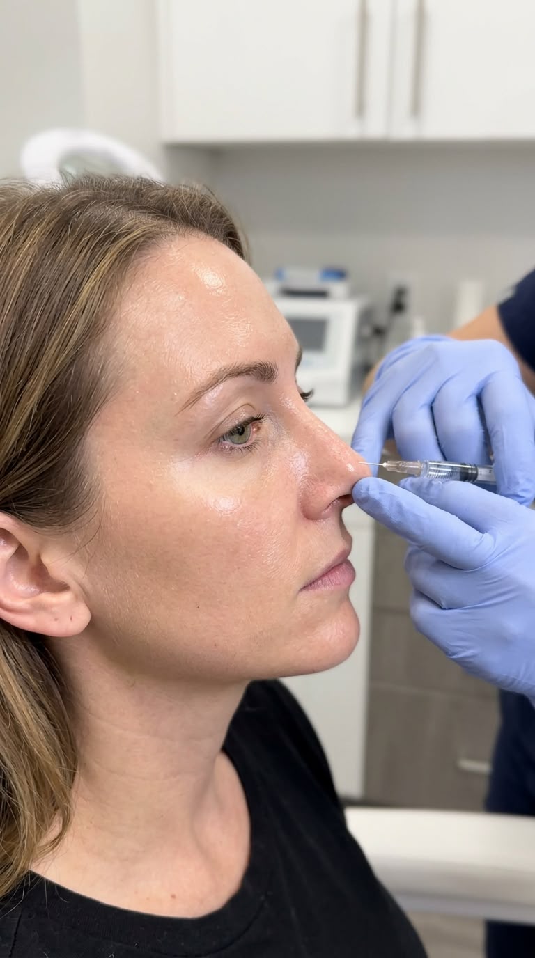 Woman receiving an aesthetic nasal injectable treatment from a gloved practitioner